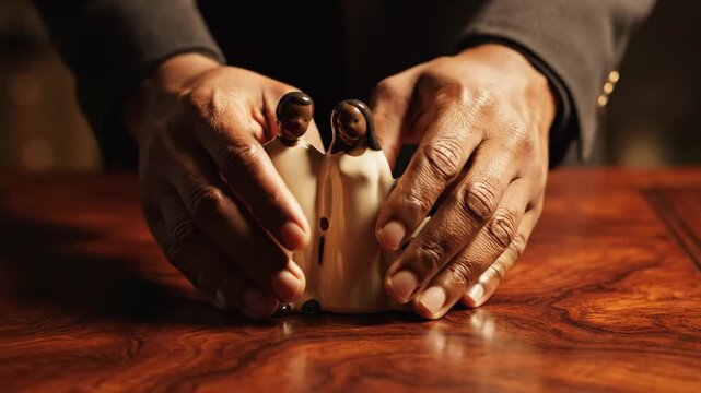 Person holding figurine of family of three with protective hands surrounding parent and child on wooden table gently.