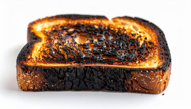 Burnt slice of bread toast, isolated on white backdrop, stark minimalist composition, overcooked or toxic food
