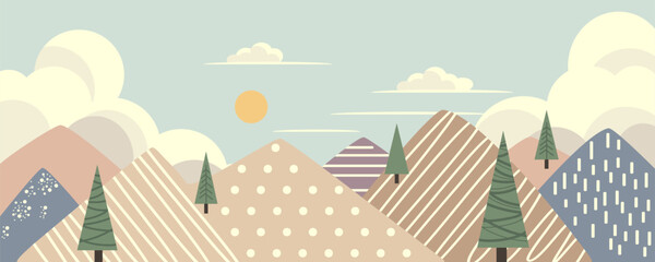 Scandinavian style geometric mountain landscape with pastel hills, abstract trees and sun. Minimal Nordic illustration in soft earthy colors, modern decorative background. © Liubov