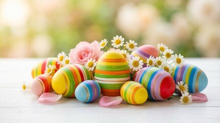 Fototapeta premium Assortment of striped Easter eggs with pink roses.