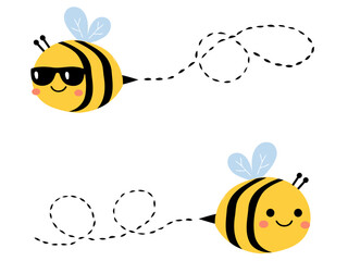 Cute cartoon bee illustration set with flying trail and sunglasses character.