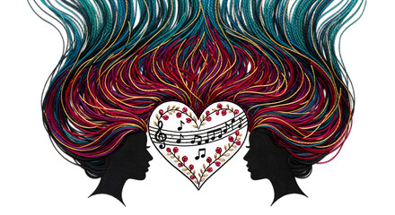 Fototapeta premium Intricate embroidery art of two silhouetted figures forming a colorful heart with musical notes and florals, macro view. Ideal for Valentine's, wedding, anniversary designs, craft blogs,