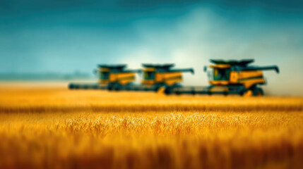 Fototapeta premium Blurred background of agricultural machinery harvesting wheat in a field, out-of-focus image, silhouettes of combines, yellow field, blue sky, harvest, tractor, farming, wheat ears