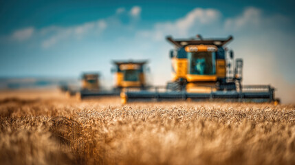Fototapeta premium Blurred background of agricultural machinery harvesting wheat in a field, out-of-focus image, silhouettes of combines, yellow field, blue sky, harvest, tractor, farming, wheat ears