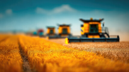 Fototapeta premium Blurred background of agricultural machinery harvesting wheat in a field, out-of-focus image, silhouettes of combines, yellow field, blue sky, harvest, tractor, farming, wheat ears