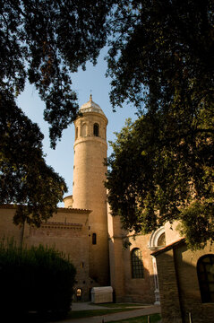 Italy, Ravenna, Basilica di San Vitale.  Exterior view of bell tower.