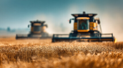 Obraz premium Blurred background of agricultural machinery harvesting wheat in a field, out-of-focus image, silhouettes of combines, yellow field, blue sky, harvest, tractor, farming, wheat ears