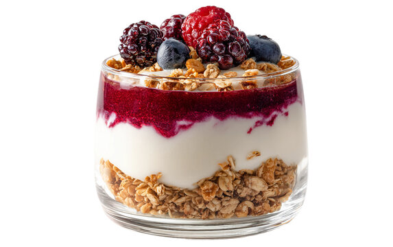 Fresh berry parfait layered with smooth yogurt and crispy granola representing a nutritious and visually appealing dessert with rich textures isolated on transparent background PNG