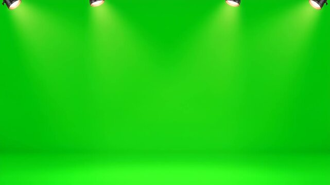 stage green screen with red curtains and spotlights for filming background presentations or virtual events and performances setup.