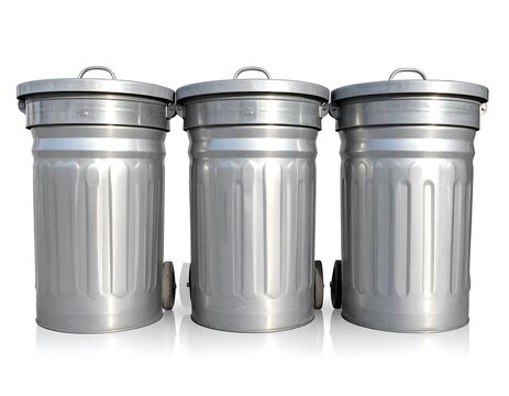 Three silver metal trashcans line up, lids on, wheels visible, against a white background