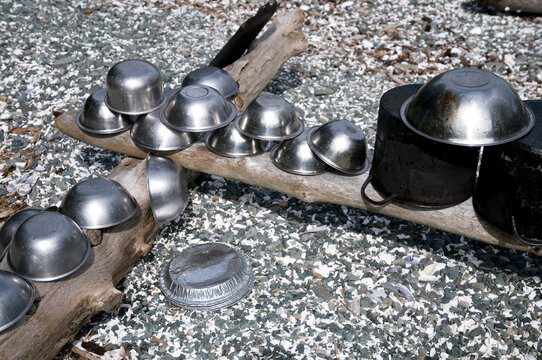 Canada, BC, Queen Charlotte Islands, Gwaii Haanas National Park Reserve.  Stainless steel bowl and cookware set out on driftwood to dry.