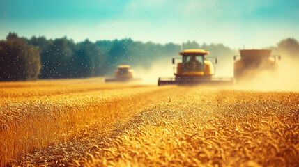 Blurred background of agricultural machinery harvesting wheat in a field, out-of-focus image, silhouettes of combines, yellow field, blue sky, harvest, tractor, farming, wheat ears