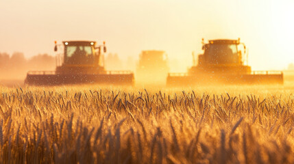 Fototapeta premium Blurred background of agricultural machinery harvesting wheat in a field, out-of-focus image, silhouettes of combines, yellow field, blue sky, harvest, tractor, farming, wheat ears