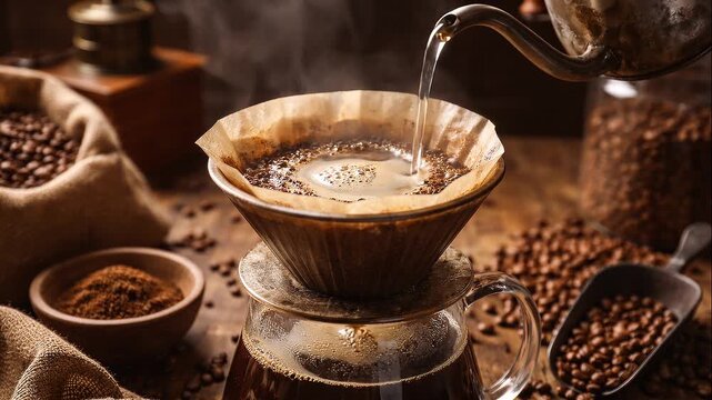 Pour over coffee brewing with hot water being poured over ground coffee in a paper filter. Artisan extraction process with steam in rustic coffee setting.