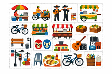 Fototapeta premium Mexican Street Life Icon Set with Street Vendors, Taco Carts, Musicians, Public Transport, and Urban Signage in Distressed Vector Style