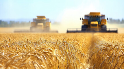 Blurred background of agricultural machinery harvesting wheat in a field, out-of-focus image, silhouettes of combines, yellow field, blue sky, harvest, tractor, farming, wheat ears