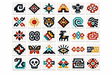 Mexican Indigenous Pattern Icon Set with Zapotec, Huichol, Wix&aacute;rika, and Maya Geometric Symbols in Distressed Vector Style