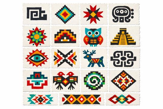 Mexican Indigenous Pattern Icon Set with Zapotec, Huichol, Wix&aacute;rika, and Maya Geometric Symbols in Distressed Vector Style
