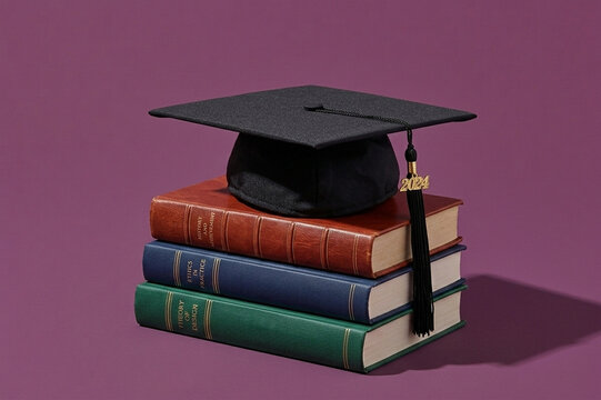 Graduation cap with 2024 tassel on a stack of academic books over purple background