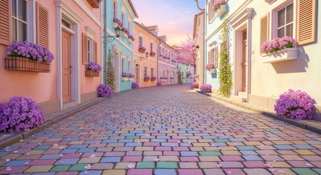 Charming cobblestone street with colorful buildings and blooming flowers