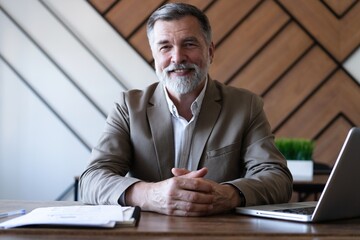 Smiling mature business man executive wearing shirt sitting at desk using laptop. Happy busy...