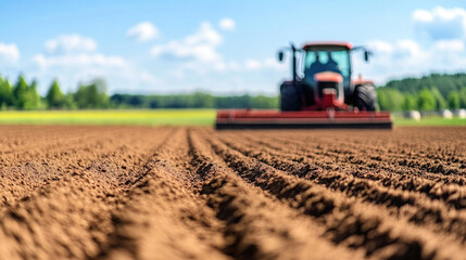 Obraz premium A tractor with a grain seeder sows grain on a plowed field, earth with furrows, blue sky, agricultural machinery, sowing, spring, agriculture, farm, wheat field, barley, ploughing a field