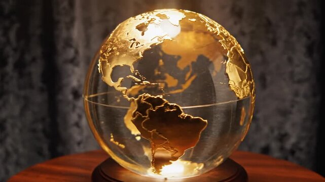 A glass globe with golden continents sits on a wooden stand, illuminated from within, against a dark textured backdrop