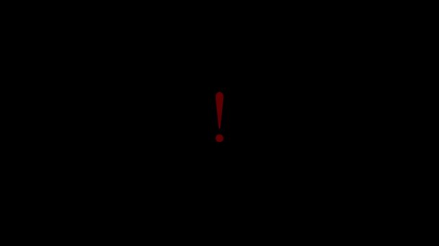 Red exclamation point inside a red triangle on a black background 4k video .