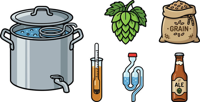 Flat design close up brewing equipment kettle with lid and tap hops and grain sack hydrometer airlock and ale bottle