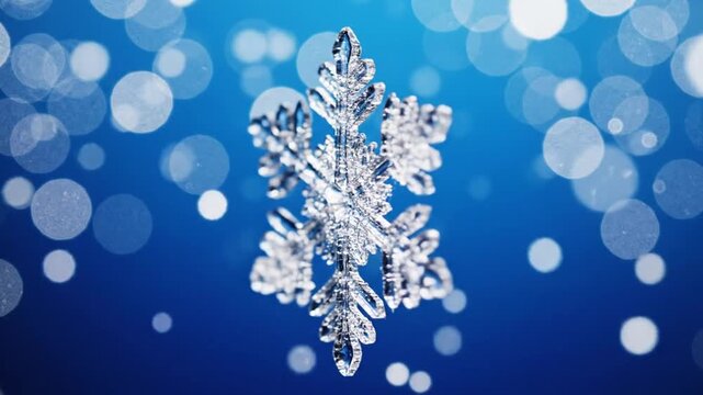 A gleaming snowflake centered on a blue background with bokeh creating depth and a feeling of winter