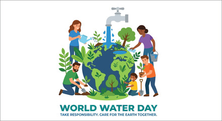 People caring for the earth and water resources on world water day © Pk vectors studio