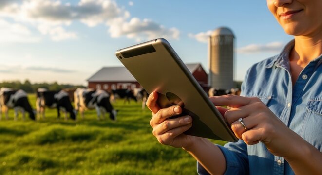 Smiling young female farmer using digital tablet on dairy farm with cows, smart farming technology, agriculture automation and livestock management commercial concept at sunset.