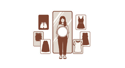 Fototapeta premium Woman choosing outfit from various clothing options displayed around her in a minimalist illustration style with brown tones and simple
