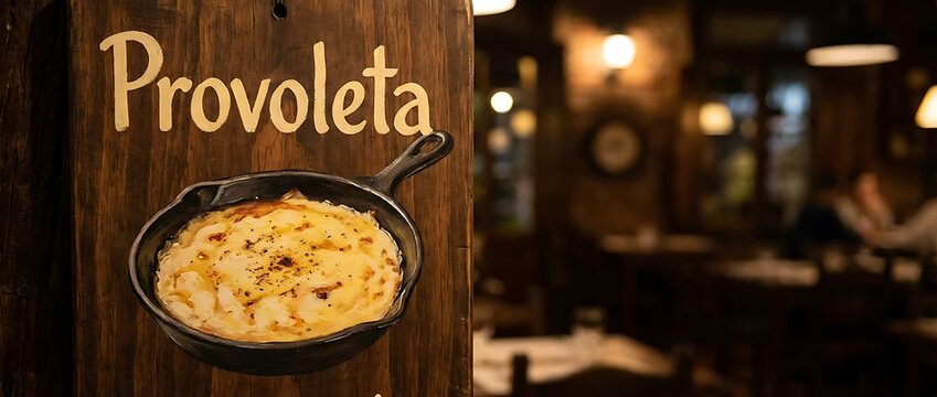 Wooden Restaurant Sign with Provoleta Melted Cheese Dish Illustration