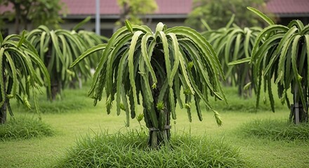 Obraz premium Organic dragon fruit cactus growing in small tropical garden with fresh green grass below, humid natural atmosphere and home gardening concept.