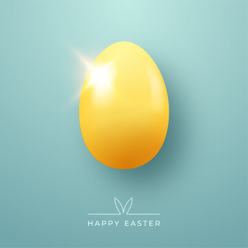 Yellow egg with light flare on turquoise background with Happy Easter text. Concept of Easter greeting card and holiday poster