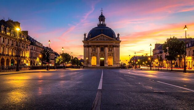 Ornate Parisian building at dusk, cityscape, with a vibrant sky and illuminated street