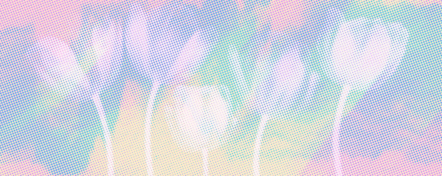 Risograph print texture in abstract color blocks, abstract halftone dot field, distressed grunge print. Flower silhouettes, spring botanical motif, collage poster background. Vector illustratration