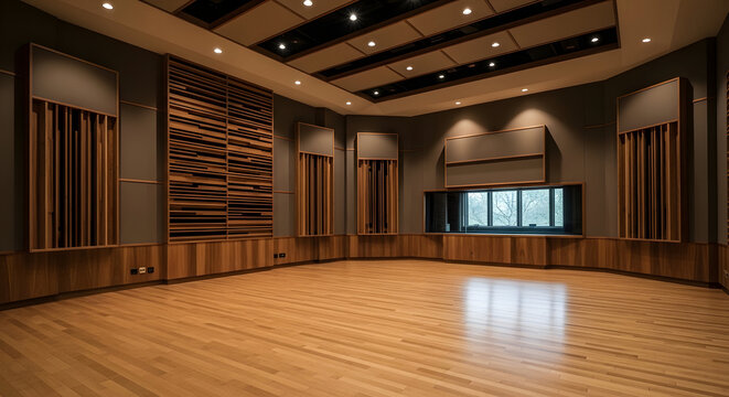 Spacious professional recording studio with polished wooden floor and soundproof walls for music production and audio engineering
