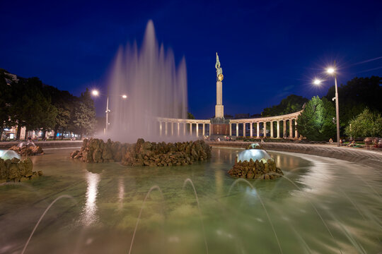 The Hochstrahlbrunnen fountain at blue hour, Vienna, Austria