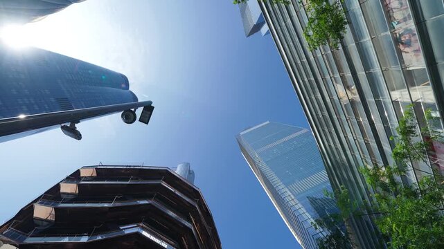Skyward view of Hudson Yards skyscrapers in Manhattan New York