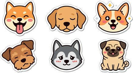 Fototapeta premium Flat design cute dog sticker sheet with six expressive puppy faces close up smiling and sleeping kawaii outlined playful vector