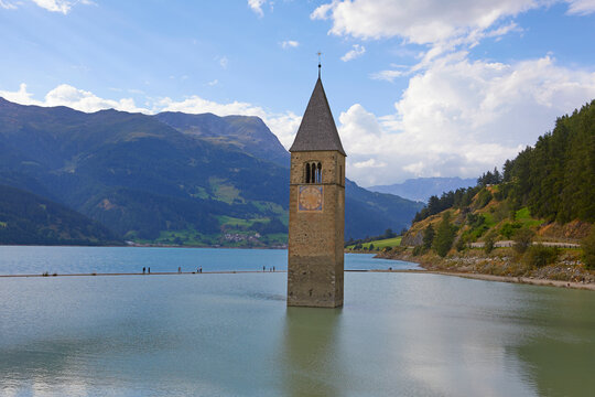 Bell tower buried under the Resia lake, Curon Venosta, Bolzano, Italy