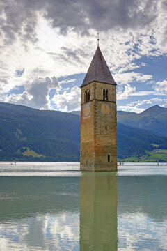 Bell tower buried under the Resia lake, Curon Venosta, Bolzano, Italy