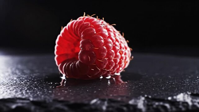 A glossy red raspberry on a wet black surface, against a blurred black background