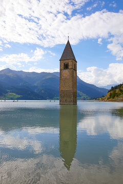 Bell tower buried under the Resia lake, Curon Venosta, Bolzano, Italy