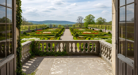 Fototapeta premium Expansive formal garden vista viewed from an ornate stone balcony with open french doors revealing manicured flowerbeds and distant rolling hills