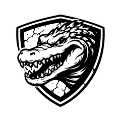 Naklejka premium Black and white illustration of a fierce crocodile head inside a shield with cracked texture and sharp teeth.