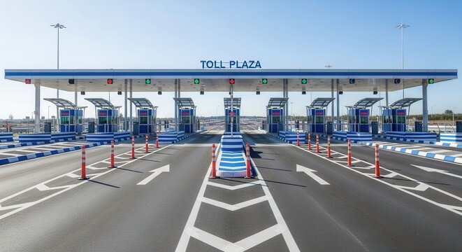 Modern Toll Plaza Structure, Highway Road, Clear Blue Sky, and Contemporary Infrastructure