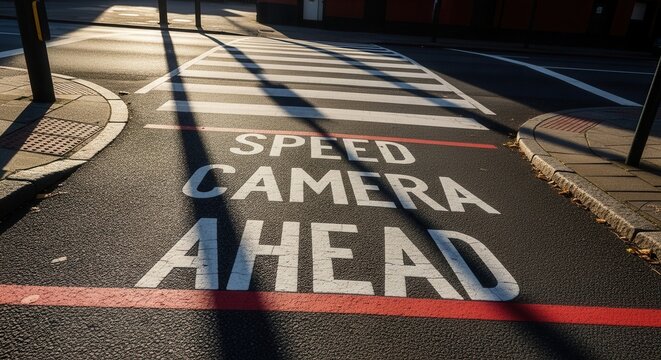 Speed Camera Warning on Street Pavement Near Zebra Crossing at a Bright Sunny Day